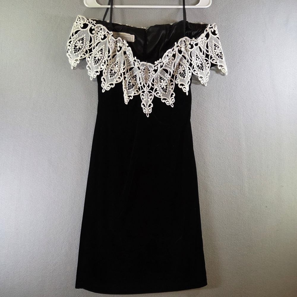 Scott McClintock Vintage Black Velvet Lace Off Shoulder Dress 2P USA 90s Gothic